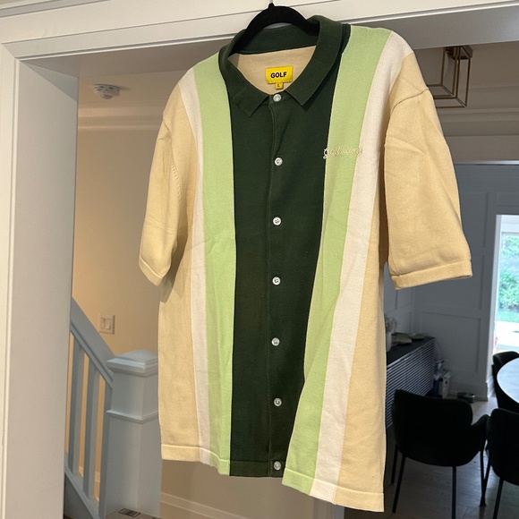 Men's GOLF WANG Green / Beige Knit Short Sleeve Button Up Polo - Size XL - Picture 4 of 14